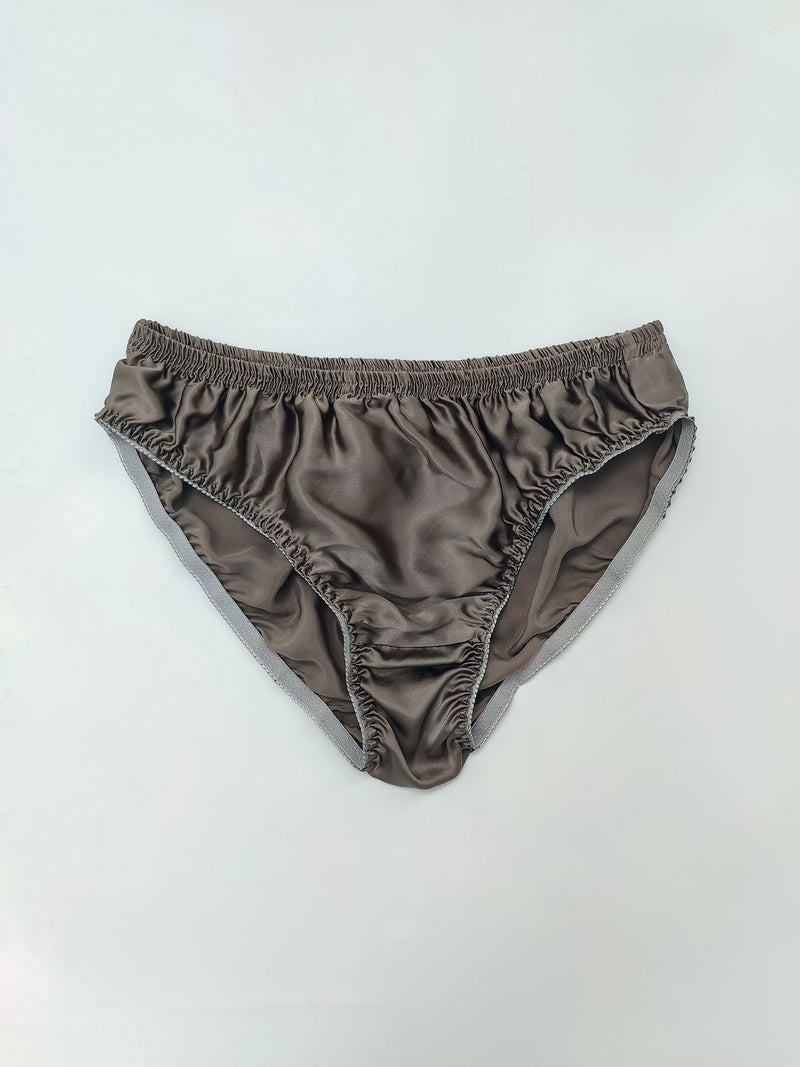 Men 100% Mulberry Silk Plain Crepe Satin Briefs- dark gray,natural silk underwear with double layered pure silk fabric crotch - Image 1
